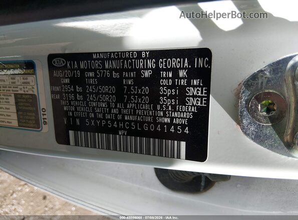 5XYP54HC5LG041454 2020 KIA TELLURIDE White Engine compartment view