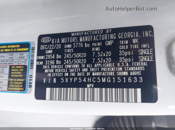 5XYP54HC5MG151633 2021 KIA TELLURIDE White Engine compartment view