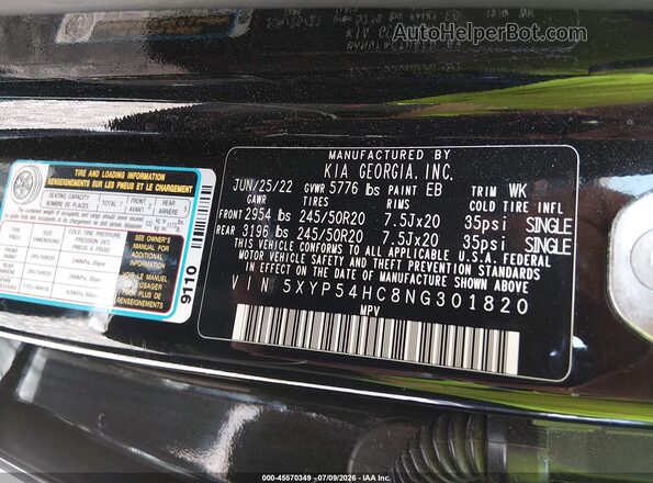 5XYP54HC8NG301820 2022 KIA TELLURIDE Black Vista del compartimento del motor