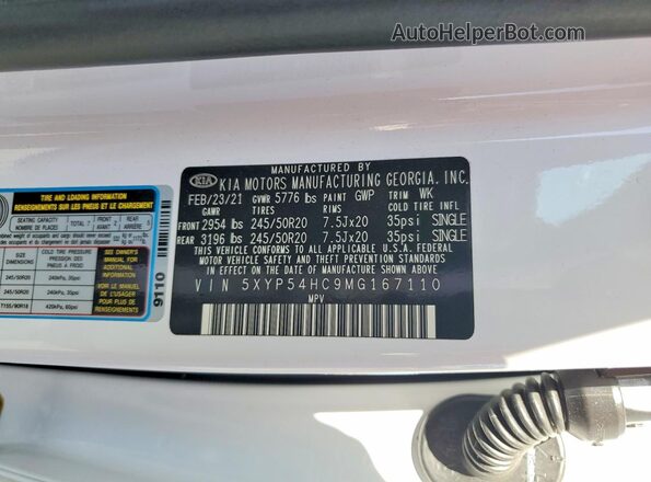 5XYP54HC9MG167110 2021 KIA TELLURIDE White VIN კოდის სტიკერის ხედი