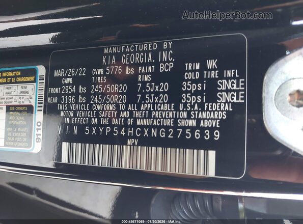 5XYP54HCXNG275639 2022 KIA TELLURIDE Black Vista del compartimento del motor