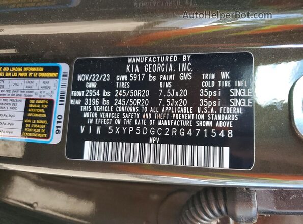 5XYP5DGC2RG471548 2024 KIA TELLURIDE Зеленый Вид наклейки с VIN-кодом