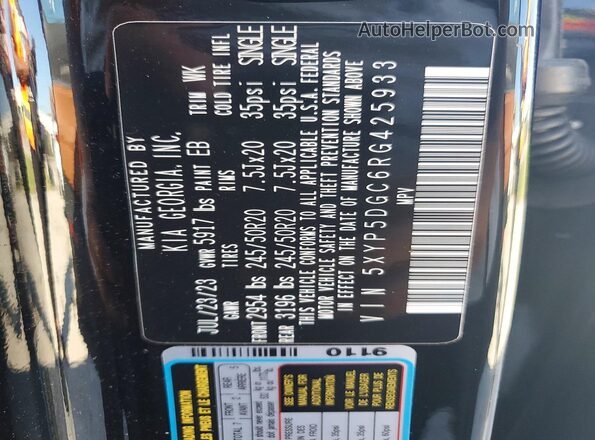 5XYP5DGC6RG425933 2024 KIA TELLURIDE Black Вид наклейки з VIN-кодом