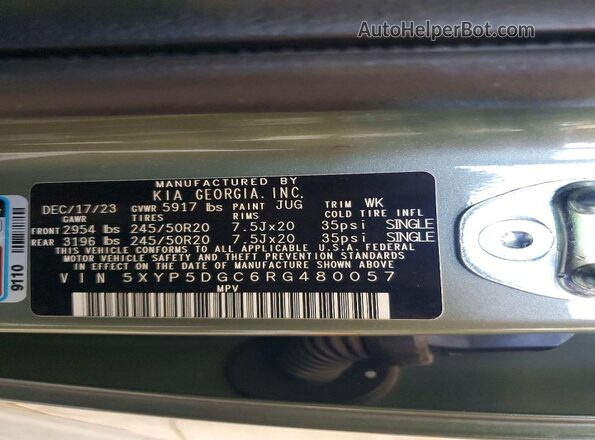 5XYP5DGC6RG480057 2024 KIA TELLURIDE Green Widok naklejki z numerem VIN