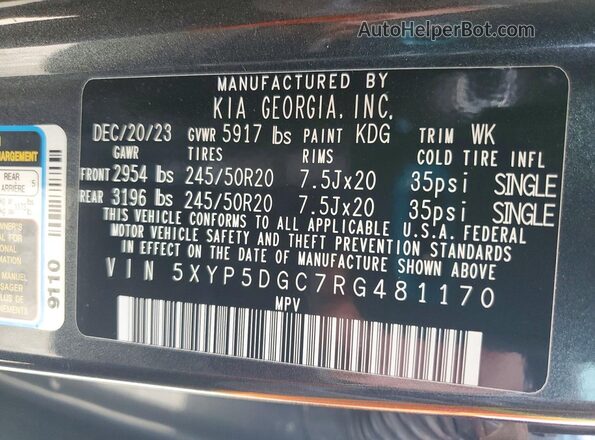 5XYP5DGC7RG481170 2024 KIA TELLURIDE Gray VIN sticker view