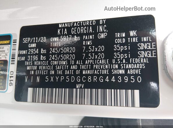 5XYP5DGC8RG443950 2024 KIA TELLURIDE White Вид підкапотного простору