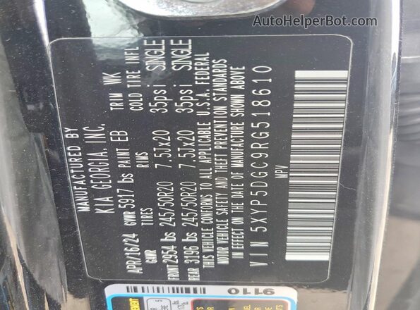 5XYP5DGC9RG518610 2024 KIA TELLURIDE Черный Вид наклейки с VIN-кодом