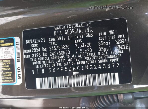 5XYP5DHC1NG243372 2022 KIA TELLURIDE Gray ძრავის განყოფილების ხედი