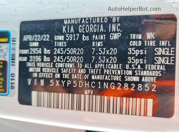 5XYP5DHC1NG282852 2022 KIA TELLURIDE White VIN კოდის სტიკერის ხედი