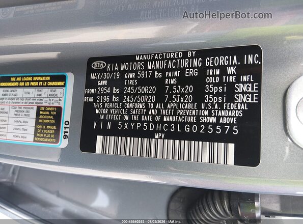 5XYP5DHC3LG025575 2020 KIA TELLURIDE Gray Շարժիչի բաժամունքի տեսք