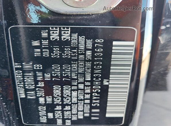 5XYP5DHC3NG313678 2022 KIA TELLURIDE Black Вид наклейки з VIN-кодом