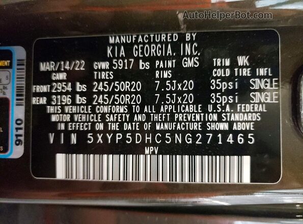 5XYP5DHC5NG271465 2022 KIA TELLURIDE Brown Vista de la etiqueta del VIN