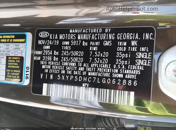 5XYP5DHC7LG062886 2020 KIA TELLURIDE Brown Widok komory silnika