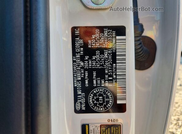 5XYP5DHC8LG013552 2020 KIA TELLURIDE White VIN sticker view