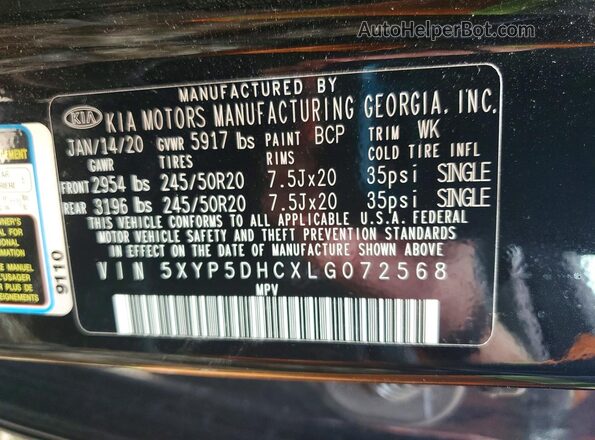 5XYP5DHCXLG072568 2020 KIA TELLURIDE Black VIN sticker view