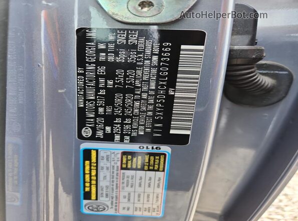 5XYP5DHCXLG073669 2020 KIA TELLURIDE Blue Widok naklejki z numerem VIN