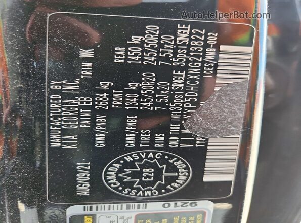5XYP5DHCXNG213822 2022 KIA TELLURIDE Black VIN sticker view