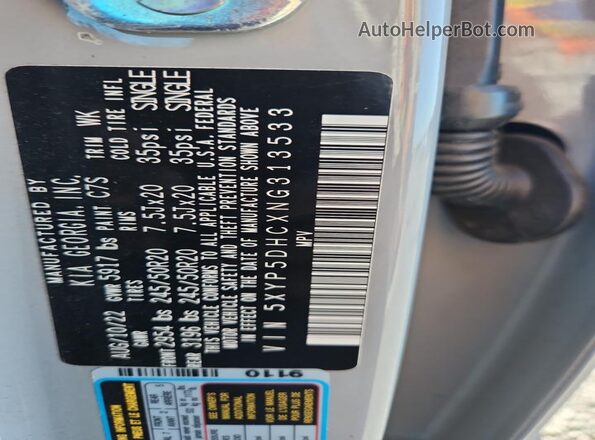5XYP5DHCXNG313533 2022 KIA TELLURIDE Gray Vista de la etiqueta del VIN