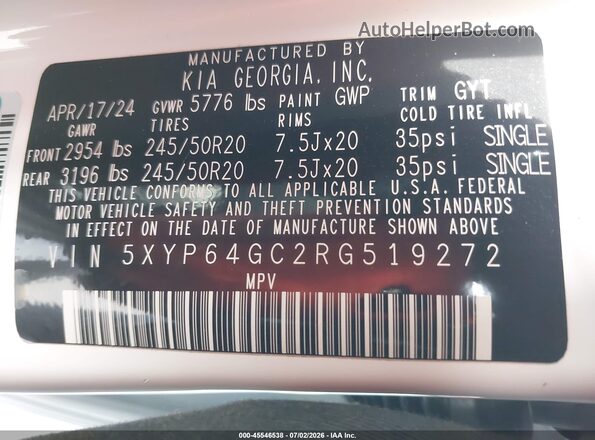 5XYP64GC2RG519272 2024 KIA TELLURIDE White Engine compartment view