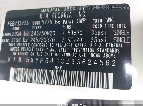 5XYP64GC2SG624562 2025 KIA TELLURIDE White Vista del compartimento del motor