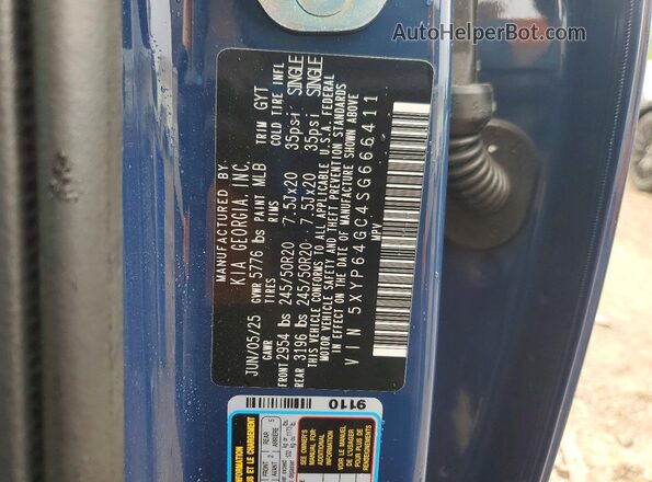 5XYP64GC4SG666411 2025 KIA TELLURIDE Blue VIN կոդի պիտակի տեսք