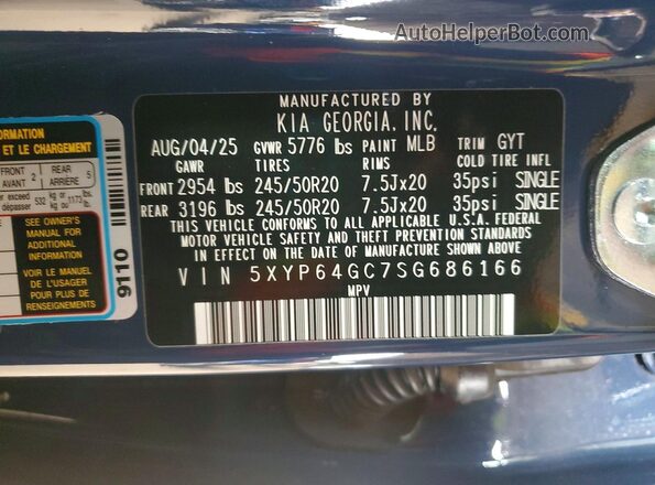5XYP64GC7SG686166 2025 KIA TELLURIDE Blue Вид наклейки з VIN-кодом