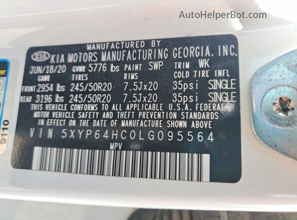 5XYP64HC0LG095564 2020 KIA TELLURIDE White Vista de la etiqueta del VIN