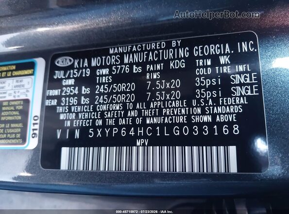 5XYP64HC1LG033168 2020 KIA TELLURIDE Gray Vista del compartimento del motor