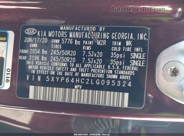 5XYP64HC2LG095324 2020 KIA TELLURIDE Burgundy Vista del compartimento del motor