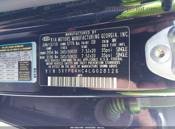 5XYP64HC4LG028126 2020 KIA TELLURIDE Black Вид підкапотного простору