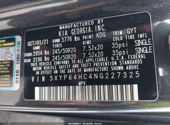 5XYP64HC4NG227325 2022 KIA TELLURIDE Gray Vista del compartimento del motor