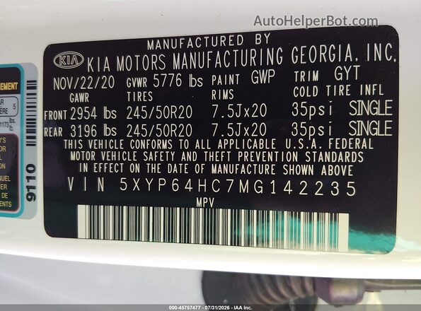 5XYP64HC7MG142235 2021 KIA TELLURIDE Белый Вид подкапотного пространства