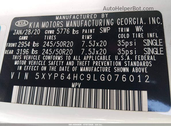 5XYP64HC9LG076012 2020 KIA TELLURIDE White Vista del compartimento del motor