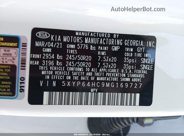 5XYP64HC9MG169727 2021 KIA TELLURIDE White Widok komory silnika