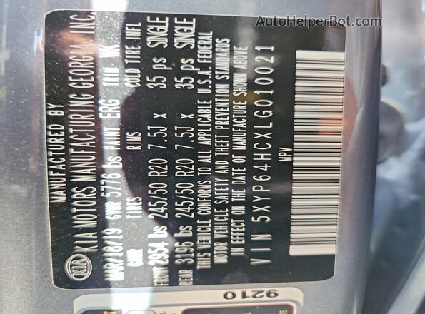5XYP64HCXLG010021 2020 KIA TELLURIDE Серый Панорамный вид салона 360°