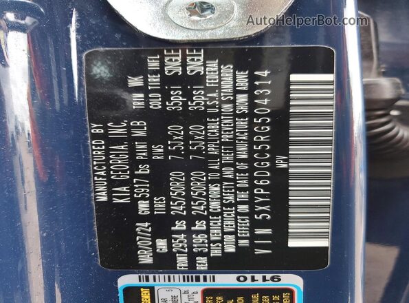 5XYP6DGC5RG504314 2024 KIA TELLURIDE Синий Вид наклейки с VIN-кодом