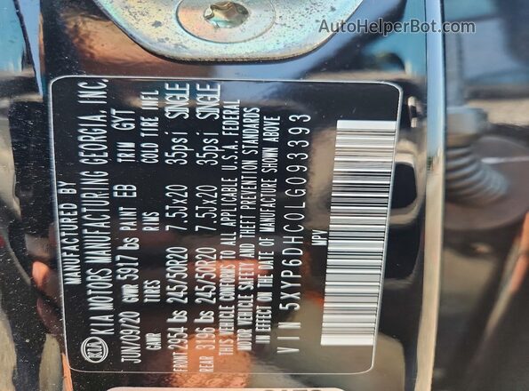 5XYP6DHC0LG093393 2020 KIA TELLURIDE Black VIN կոդի պիտակի տեսք
