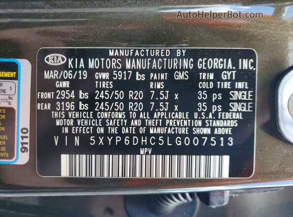 5XYP6DHC5LG007513 2020 KIA TELLURIDE Brown VIN կոդի պիտակի տեսք