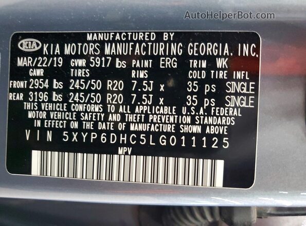 5XYP6DHC5LG011125 2020 KIA TELLURIDE Серый Вид наклейки с VIN-кодом