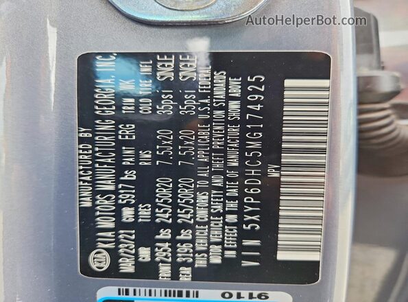 5XYP6DHC5MG174925 2021 KIA TELLURIDE Gray Vista de la etiqueta del VIN