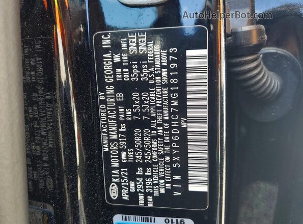 5XYP6DHC7MG181973 2021 KIA TELLURIDE Черный Вид наклейки с VIN-кодом