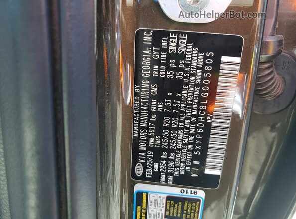 5XYP6DHC8LG005805 2020 KIA TELLURIDE Brown VIN կոդի պիտակի տեսք