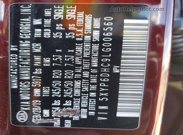 5XYP6DHC9LG006560 2020 KIA TELLURIDE Burgundy VIN კოდის სტიკერის ხედი