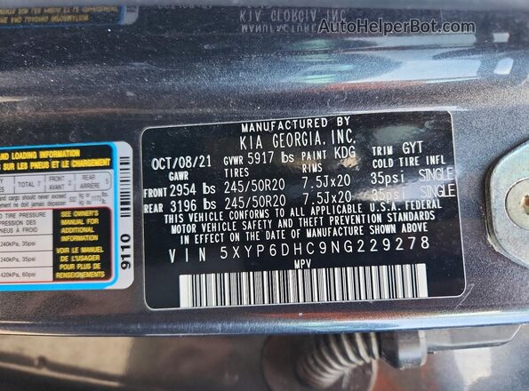 5XYP6DHC9NG229278 2022 KIA TELLURIDE Gray Vista de la etiqueta del VIN