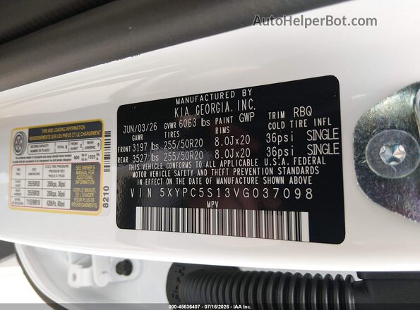 5XYPC5S13VG037098 2027 KIA TELLURIDE White Շարժիչի բաժամունքի տեսք