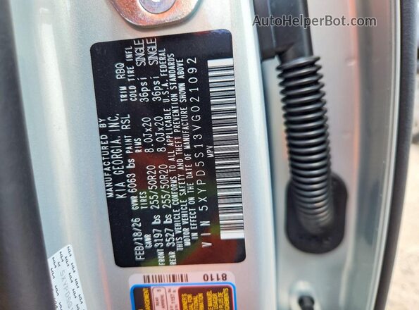 5XYPD5S13VG021092 2027 KIA TELLURIDE Silver Вид наклейки з VIN-кодом