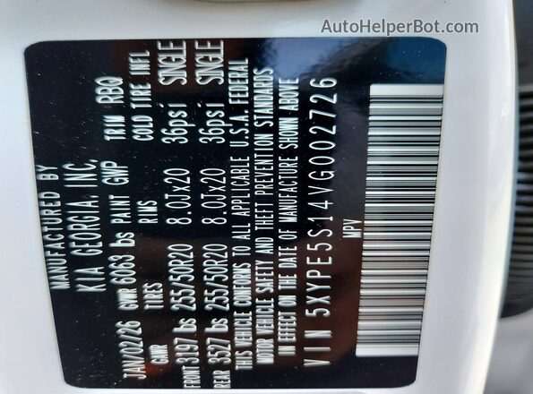5XYPE5S14VG002726 2027 KIA TELLURIDE White Widok naklejki z numerem VIN