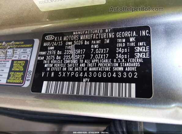 5XYPG4A30GG043302 2016 KIA SORENTO Gray Engine compartment view
