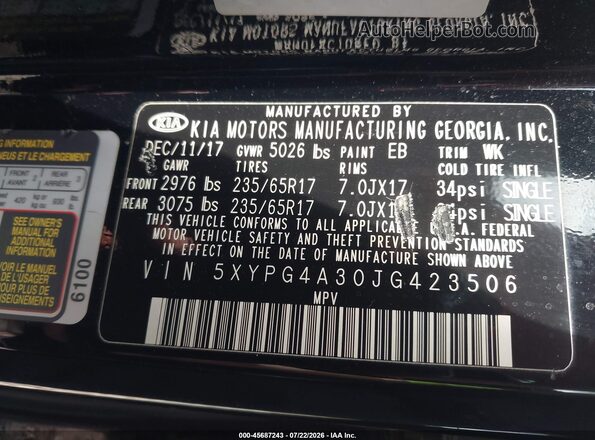 5XYPG4A30JG423506 2018 KIA SORENTO Black Engine compartment view