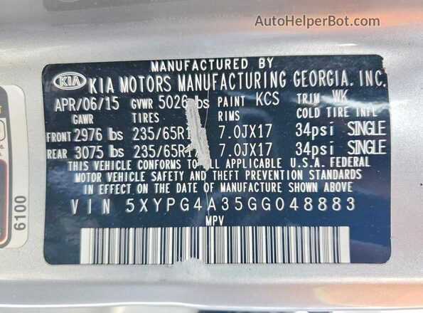 5XYPG4A35GG048883 2016 KIA SORENTO Silver VIN კოდის სტიკერის ხედი
